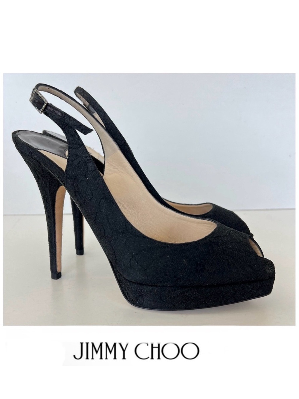 JIMMY CHOO Black Textured Fabric Lace Side Buckle Peep Toe Heel Sandals Sz 37.5